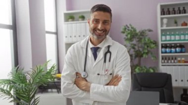 Tıbbi malzemeler ve yeşilliklerle çevrili modern bir klinikte güvenle duran gülümseyen doktor, karşılayıcı bir sağlık ortamı sergiliyor..