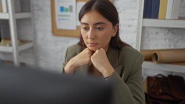 Kadın işyerinde endişeli görünüyor, bir ofis ortamında raflar ve evrak işleriyle bir ekrana odaklanıyor, iş ortamında stres taşıyor..