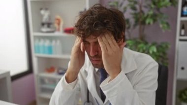 Klinikteki erkek doktor, tıbbi malzemeler ve bitkilerle çevrili, sağlık ortamındaki iş baskısı ve zihinsel yorgunluğu gösteren stres içinde başını tutuyor..