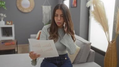 Kadın telefonda konuşurken, dekoratif bitkiler ve doğal ışık ile süslü oturma odasında dokümanları inceliyor ve rahat bir ev ortamı yaratıyor.