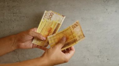 Norveç 'te para ve finans kavramını vurgulayan, somut bir arka plana karşı birden fazla Norveç kronu banknotları tutan kişi.