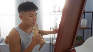 İçerideki bir sağlık merkezinde tarakla şarkı söyleyen genç bir adam.