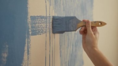 Yeni iç dekorasyonunda fırçayla mavi duvarı boyayan kadın, konforlu apartman ortamında yaratıcı dekorasyon ve diy projesi sergiliyor..