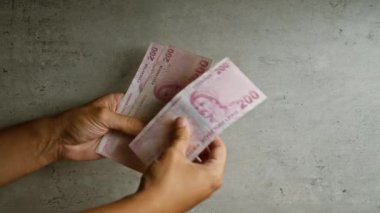 Doğal ışıklandırmada somut bir arkaplan karşısında Türk lirası banknotları sayan eller, mali işlemleri vurguluyor.