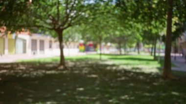 Güneşli bir günde arka planda bulanık ağaçlar ve binalar olan yeşil park alanının odaksız görüntüsü