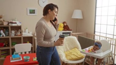 Bebek rahat bir yatak odasında, oyuncaklarla, dekorlarla, aile bağları ve huzurlu ev ortamlarıyla oynarken, kadın telefonda elinde kahve fincanı tutarak konuşuyor..