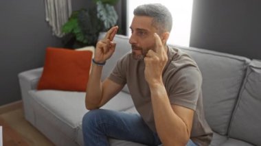 Genç adam şans diliyor. Oturma odasında kutlama yapıyor. Evde heyecan ve umut gösterisi yapıyor..