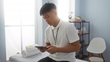 Genç bir adam, sakin bir spa odasında modern dekorasyonla sakin ve odaklanmış bir ortam sergiliyor..