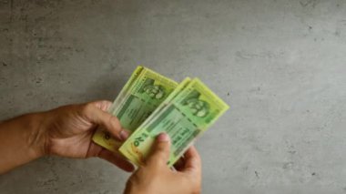 Elleri sayan bangladeşli taka notları somut bir arka plana karşı, yerel para birimi değişimi sergileniyor.