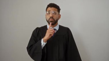 Önlüklü yargıç, eli çenesinde duran genç İspanyol adam, düşünüyor ve şüphe içinde yukarı bakıyor, izole beyaz arka planı merak ediyor.