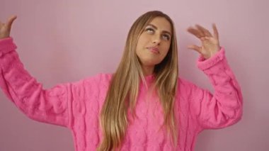 Elleri pembe kazaklı bir kadın pembe duvara yaslanmış, etkileyici bir iletişim ve canlı bir stil sergiliyor..