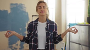 Evde dinlenen, yeni boyanmış bir oturma odasında meditasyon yapan, günlük ekoseli gömlek giyen, huzur ve sükuneti parlak, huzurlu bir evde somutlaştıran bir kadın..