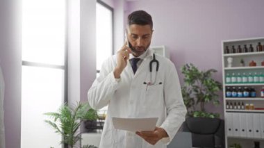Doktor, klinikte telefonla konuşurken boynunda steteskopla doküman okuyordu. Modern tıp ortamında dikkat çekiyordu..