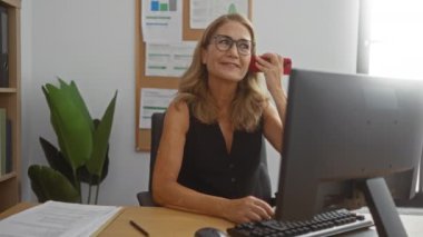 Ofiste çalışan bir kadın, bilgisayarla uğraşırken telefonla konuşuyor. Etrafı dosyalar ve kapalı bitkilerle çevrili. Çalışma masasında düşünceli görünüyor.