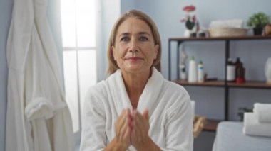 Cüppeli, spa elbiseli, öpüşen bir kadın. Huzurlu sağlık merkezinde doğal ışık altında sakin bir atmosfer yaratıyor. Olgun güzellikte rahatlık ve özgüven sergiliyor..