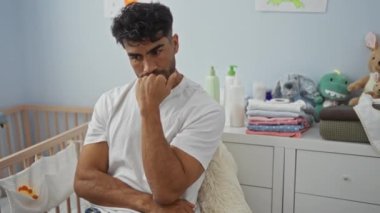 Sakallı genç adam, yumuşak oyuncaklarla dolu bir bebek odasında düşünceli bir şekilde oturuyor. Bir evin içinde. Düşüncelerini ve aile endişelerini dile getiriyor..