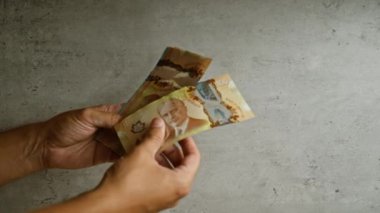 Kanadalı bir adamın elinde beton bir zemine karşı beş, on, elli ve yüz dolar da dahil olmak üzere çeşitli değerleri gösteren ve Kanada para birimini detaylarıyla vurgulayan banknotlar var..