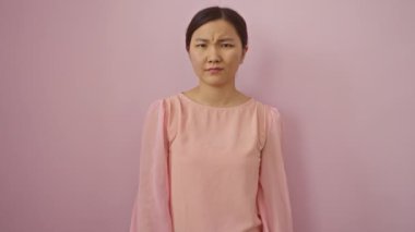Elleri ve kolları kuşkulu, cahil ve kafası karışık genç Çinli kadın pembe arka plan üzerinde duruyor.