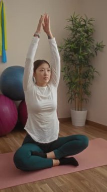 Egzersiz topları ve saksı bitkisiyle yoga yapan bir kadın sükunet gösteriyor ve kapalı bir ortama odaklanıyor..