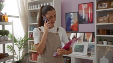 Evin dekorasyon mağazasında elinde pano varken telefonla konuşan genç bir kadın. Etrafı yaratıcı iç mimari unsurlarla çevrili.