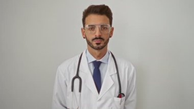 Laboratuvar önlüğü ve steteskoplu gözlüklü genç adam beyaz arka plana karşı bir duruş hareketi yapıyor, bir uyarı mesajı iletiyor veya tıbbi bir bağlamda durduruyor.