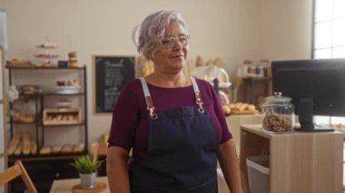 Pastanenin içinde gülümseyen beyaz saçlı İspanyol bir kadın, elinde açık bir tabela tutuyordu, etrafı fırınlanmış mallar ve rahat bir içiyle çevrili, karşılama dükkânı ortamı sergiliyordu..