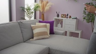 Modern gri bir kanepede dinlenen bir kadın şık bir oturma odasında bitkilerle, yastıklarla ve pastel dekorlarla, kapalı alanda rahatlığın tadını çıkarıyor..