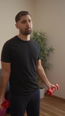 Spor salonunda dambıl tutarak egzersiz yapan genç bir adam, spor aletleri ve bitkilerle çevrili odaklanmış egzersiz rutinini gösteriyor..