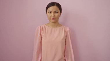 Ciddi bir yüzle duran genç Çinli kadın, kameranın objektifinden izole edilmiş pembe bir arka planda basit, doğal bir görüntü yakaladı.