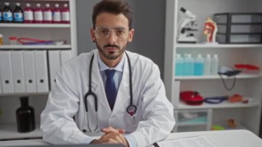 Bir klinikte gözlüklü ve steteskoplu İspanyol erkek doktor, beyaz önlüklü, güvenli bir şekilde kollarını kavuşturuyor, tıbbi ekipman ve dosyalarla çevrili, kapalı bir iş yerinde.