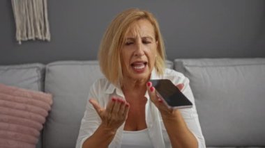 Kısa sarı saçlı yaşlı bir kadın akıllı telefonla konuşurken üzgün görünüyor. Oturma odasında, koltukta gri ve pembe minderlerle oturuyor. Kapalı alandaki hayal kırıklığını yansıtıyor..