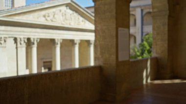 Taş sütunlar ve tarihsel mimari ile eski bir kampüsün bulanık görüntüsü, parlak güneş ışığıyla dağılmış, açık havada akademik atmosferin özünü yakalıyor..