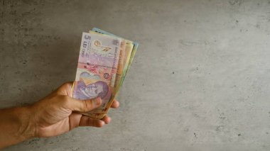 Elinde somut bir arka planda Romanya lei banknotları tutan adam, elinde ulusal para birimini vurguluyor