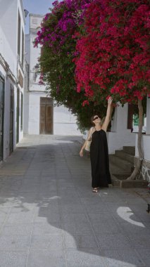 Hara şehrinde çiçeklere dokunan bir kadın, lanzarote, kanarya adaları, siyah elbiseler giyen, büyüleyici caddede güneşli bir günün tadını çıkaran canlı bougainvillea renkleriyle dolu bir kadın.. 