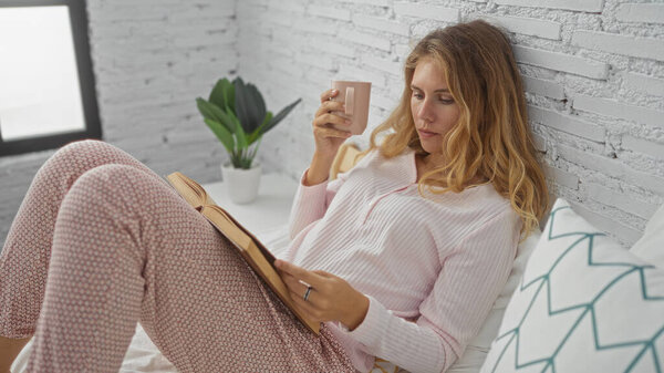 Молодая женщина читает книги и пьет кофе на кровати в уютной спальне дома