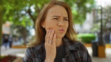 Şehrin arka planında bulanık şehir parkının ortasında, güneşli bir günde ağaçların altında diş ağrısı çeken bir kadın..