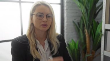 Ofisteki kadın, elinde gözlüklerle düşünceli görünüyor. Etrafı yeşil bitkilerle çevrili ve büyük pencerelerden hafif ışıklandırmayla sakin bir iç mekan oluşturuyor..
