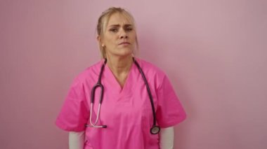 Steteskoplu pembe önlüklü hemşire otoriteyi ve profesyonelliği aktaran pembe arkaplanı işaret ediyor..