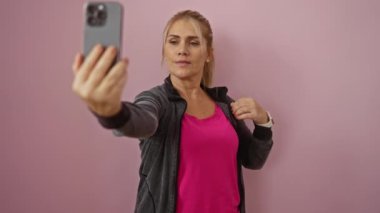 Kadın kaslarını kasıyor ve pembe arka plana karşı selfie çekiyor. Akıllı telefonuyla günlük kıyafetlere olan güvenini ve gücünü gösteriyor..
