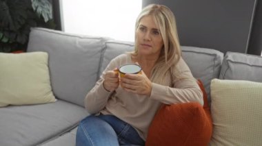 Oturma odasında dinlenen bir kadın. Gri koltukta oturmuş kahvesini yudumlarken rahat bir apartman dairesinde renkli minderlerle sakin ve huzurlu bir atmosfer sergiliyor..