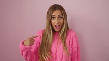 Pembe kazaklı bir kadın pembe bir arka plana neşeli bir şekilde bakıp neşeli ve olumlu bir ifade yakalıyor..