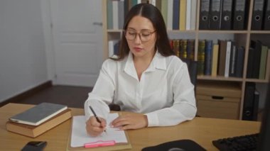 Ofiste gözlüklü İspanyol bir kadın, kollarını kavuşturuyor ve elinde kitap, dosya ve bilgisayar teçhizatıyla bir masada otururken ciddi görünüyor..