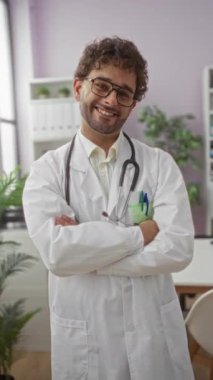 Gözlüklü, beyaz önlük ve stetoskop giymiş, kolları çapraz ve arka planda bitkilerle dikilmiş, güvenli bir klinikte güvenle gülümseyen genç İspanyol erkek doktor..