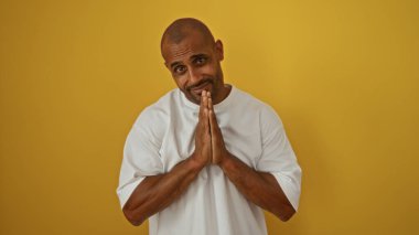 Yakışıklı, Afro-Amerikalı bir adam, sarı bir arka plan duvarından izole bir şekilde ellerini bir araya getirerek lütfen bir jest yapıyor..