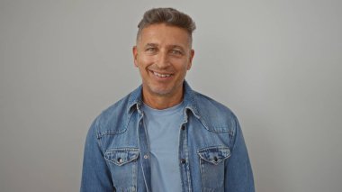 Beyaz bir arka planda, mavi kot ceketli, gülümseyen orta yaşlı bir adam.