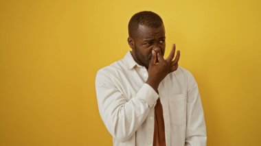 İzole edilmiş sarı arka planda buruna dokunan genç bir adam çekici bir afro-amerikan erkeğini gündelik kıyafetiyle gösteriyor.