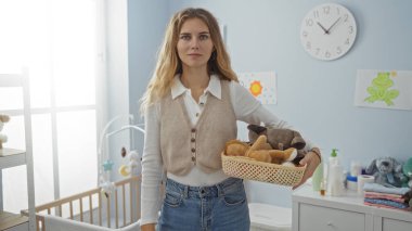 Kadın yatak odasında oyuncak taşıyor ve parlak bir evin içindeki kameraya bakıyor pencereden içeri ışık giriyor ve arkasından beşik gibi süzülüyor, rahat bir atmosfer yaratıyor..