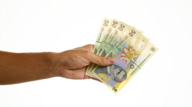 Beyaz bir arkaplan karşısında el ele tutuşan Romen lei, Romanya 'dan izole edilmiş, ayrıntılı bir bakış açısıyla finansal kavramları temsil ediyor..