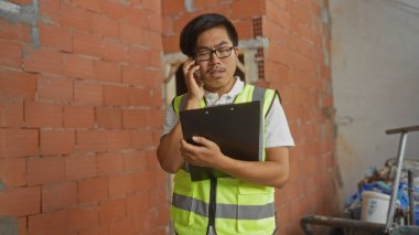 Yansıtıcı yelek giymiş genç Çinli bir adam elinde bir not panosu tutuyordu ve telefonda konuşuyordu..