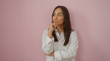 Genç, güzel, esmer, İspanyol bir kadın pembe arka planda izole edilmiş, düşünceli ve düşünceli görünüyor..